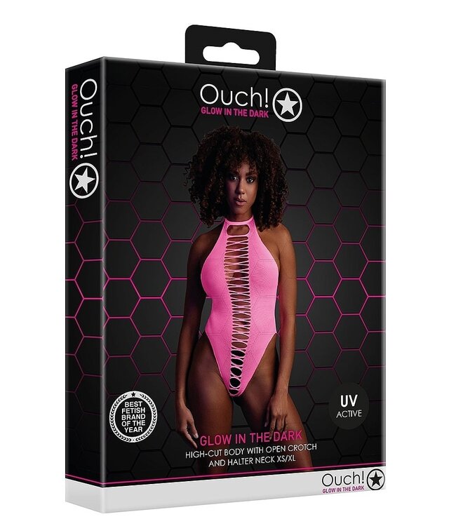 Ouch! Glow in the Dark UV-Actieve High-Cut Body Neonroze Met Halternek Plus Size Lingerie