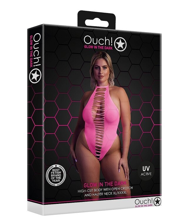 Ouch! Glow in the Dark Neon Pink High-Cut Bodysuit | Plus Size Lingerie XS-XXXL