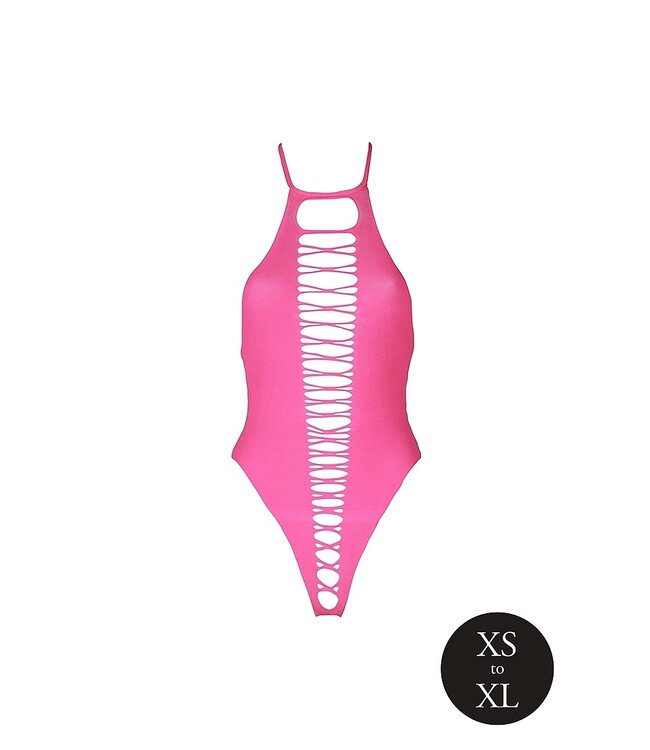 Ouch! Glow in the Dark UV-Actieve High-Cut Body Neonroze Met Halternek Plus Size Lingerie