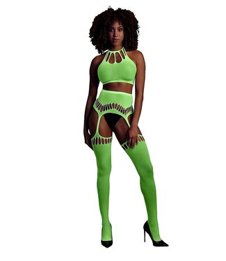 Ouch! Glow in the Dark UV-Actieve Neon Tweedelige Crop Top Set Met Jarretel En Kousen