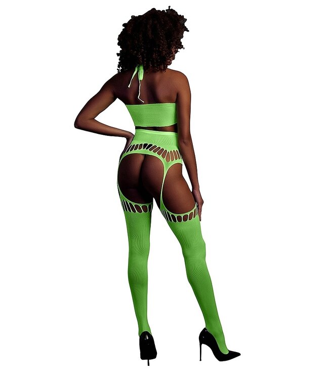 Ouch! Glow in the Dark UV-Actieve Neon Tweedelige Crop Top Set Met Jarretel En Kousen