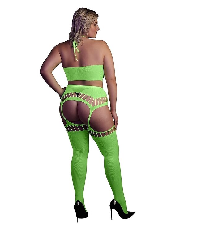 Ouch! Glow in the Dark Neonfarbenes Crop-Top und Strumpfhalter-Set – UV-aktiv und stylisch
