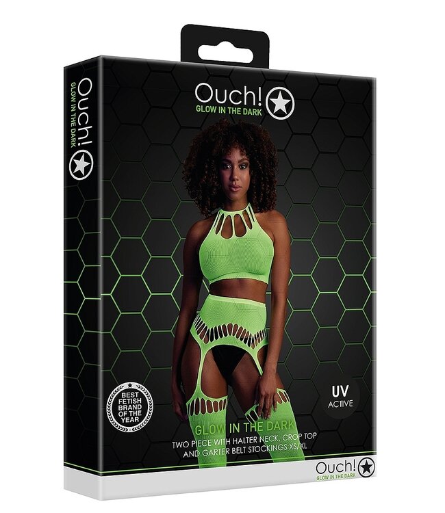 Ouch! Glow in the Dark Neonfarbenes Crop-Top und Strumpfhalter-Set – UV-aktiv und stylisch