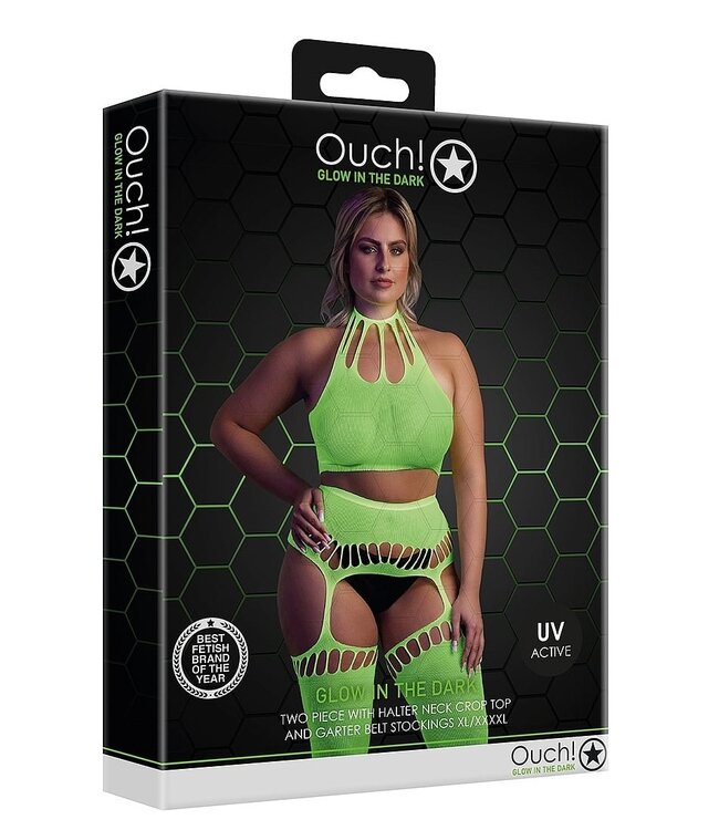 Ouch! Glow in the Dark UV-Actieve Neon Tweedelige Crop Top Set Met Jarretel En Kousen
