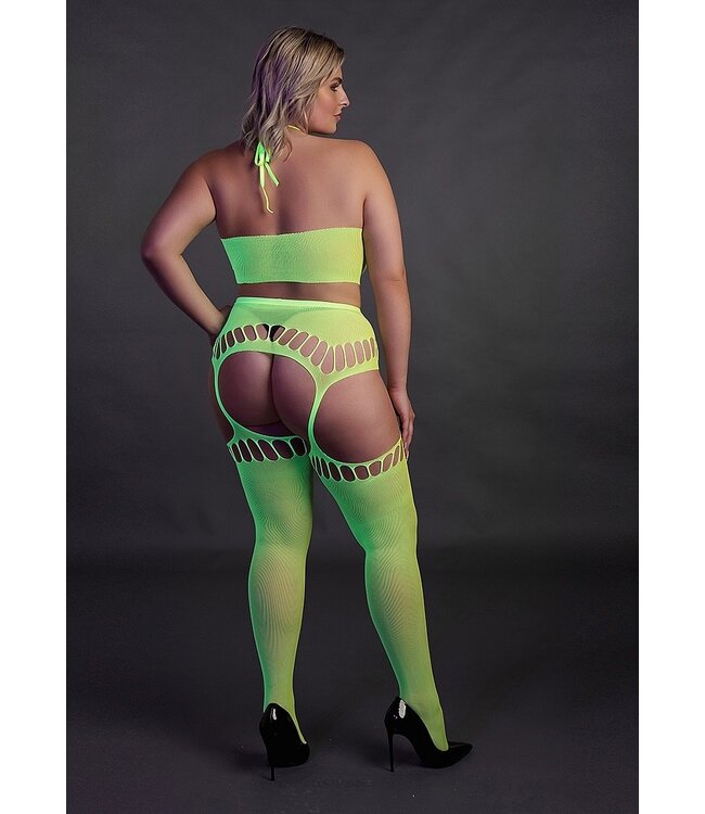 Ouch! Glow in the Dark UV-Actieve Neon Tweedelige Crop Top Set Met Jarretel En Kousen