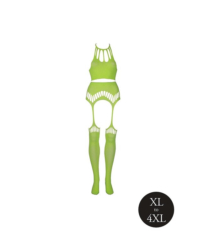 Ouch! Glow in the Dark UV-Actieve Neon Tweedelige Crop Top Set Met Jarretel En Kousen