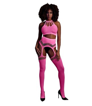 Ouch! Glow in the Dark Neon-Lingerie-Set mit Neckholder-Top & Strümpfen | Sexy & Bequem
