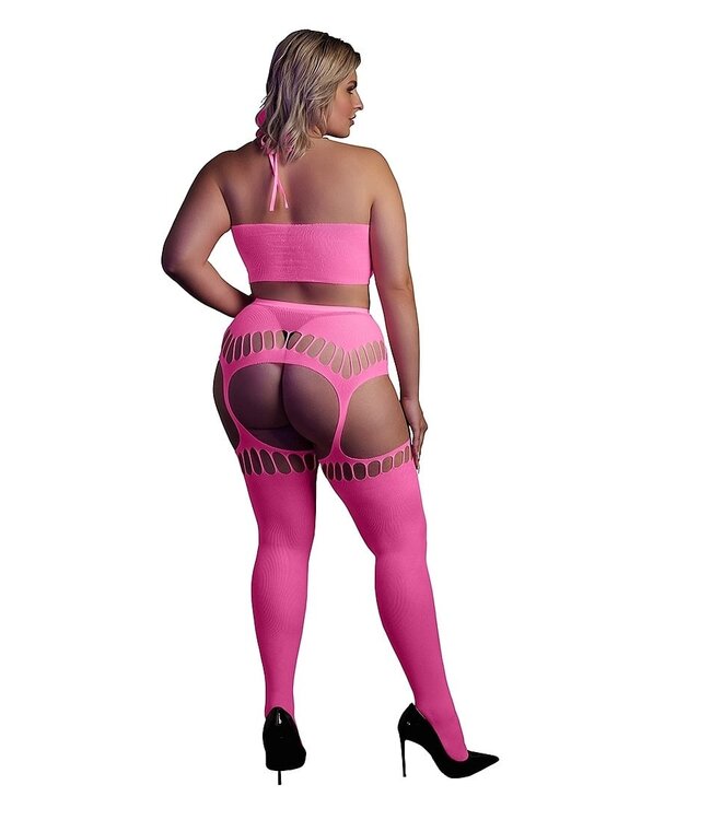 Ouch! Glow in the Dark Neon-Lingerie-Set mit Neckholder-Top & Strümpfen | Sexy & Bequem