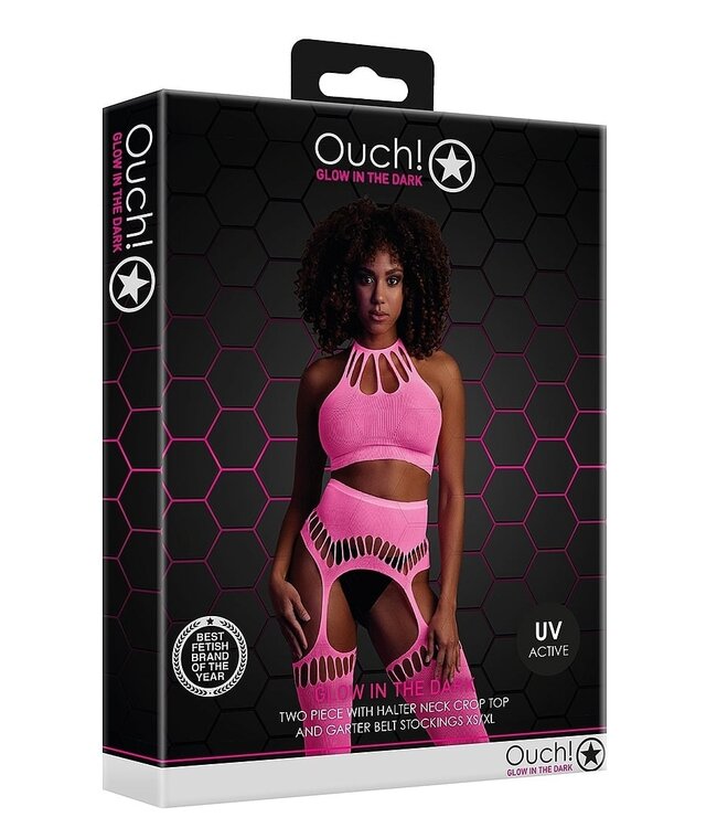 Ouch! Glow in the Dark Neon-Lingerie-Set mit Neckholder-Top & Strümpfen | Sexy & Bequem