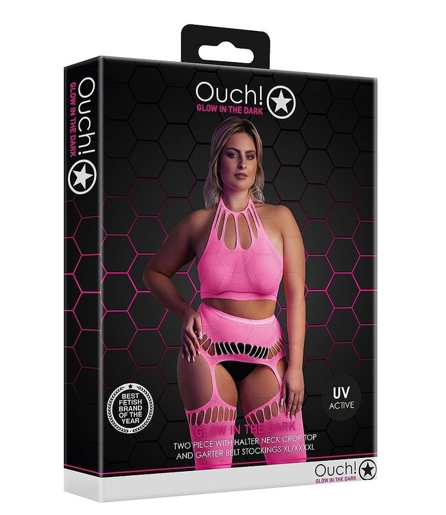 Ouch! Glow in the Dark UV-Active Neon Lingerie Set with Crop Top & Stockings - XS to XXXL