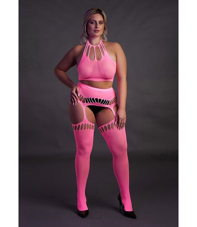 Ouch! Glow in the Dark Neon-Lingerie-Set mit Neckholder-Top & Strümpfen | Sexy & Bequem