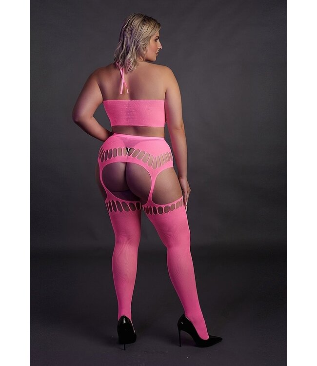 Ouch! Glow in the Dark Neon Crop Top & Jarretel Kousen Set Met UV-Actieve Materialen