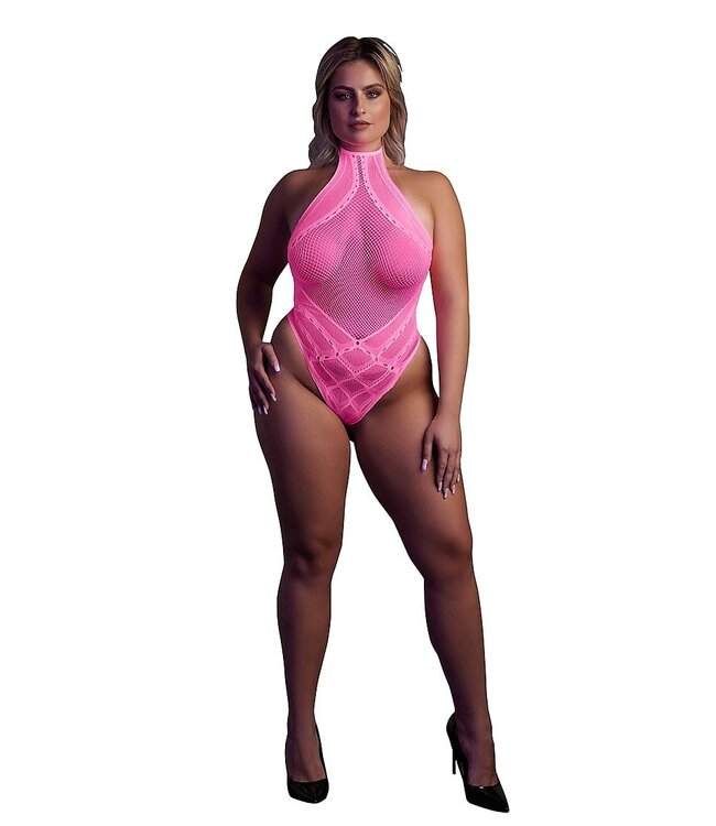 Ouch! Glow in the Dark Plus Size Neonroze UV-Actieve Body Met Halternek | Elastaan & Nylon