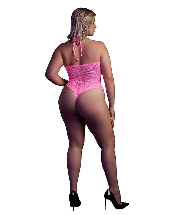 Ouch! Glow in the Dark Plus Size Neonroze UV-Actieve Body Met Halternek | Elastaan & Nylon