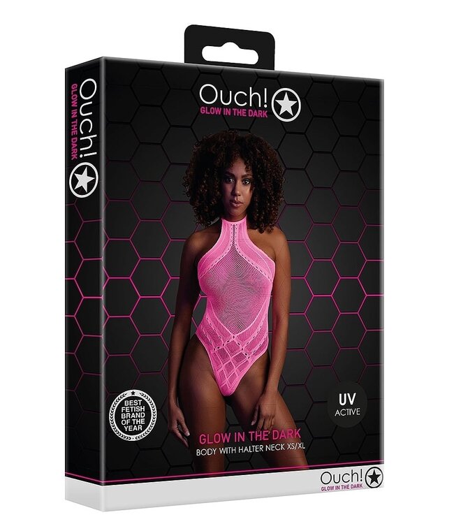Ouch! Glow in the Dark Plus Size Neonroze UV-Actieve Body Met Halternek | Elastaan & Nylon