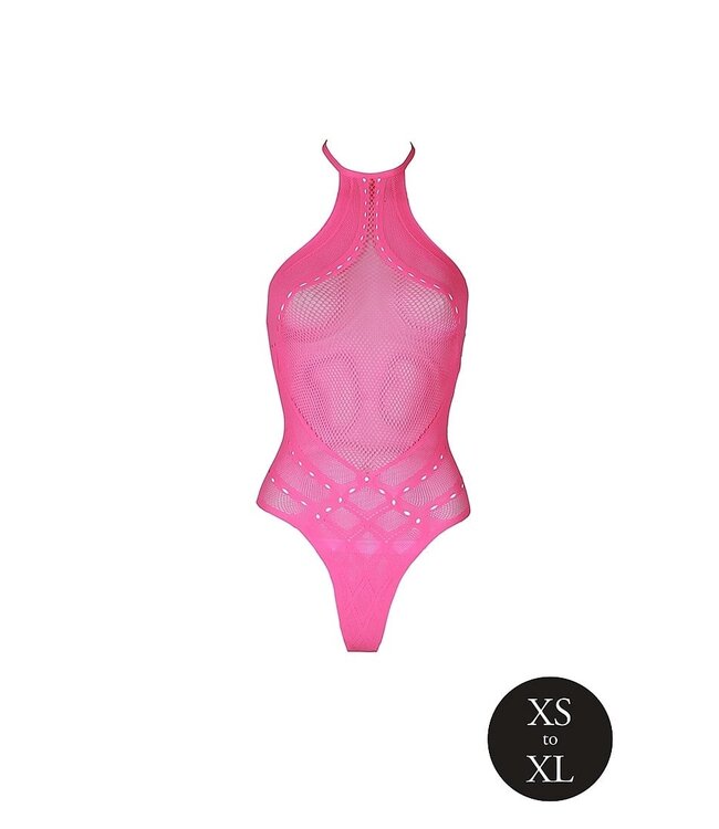 Ouch! Glow in the Dark Plus Size Neonroze UV-Actieve Body Met Halternek | Elastaan & Nylon