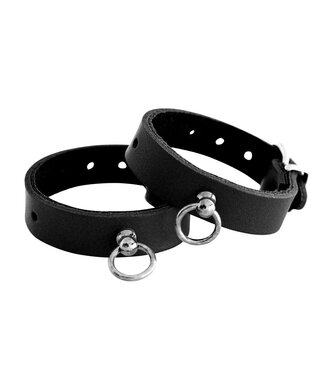 Zwarte Lederen Mini Handboeien Met Verstelbare O-Ring Voor BDSM Spelen