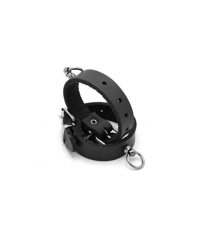 Elegant Black Leather Mini Handcuffs with O-Ring for BDSM Play
