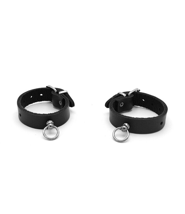 Elegant Black Leather Mini Handcuffs with O-Ring for BDSM Play