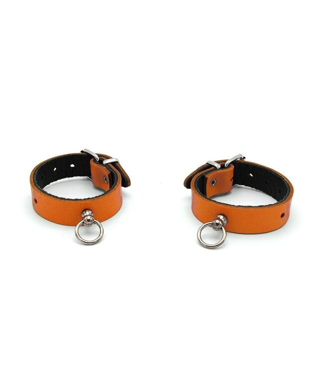 Mini Lederen Handboeien Met Verstelbare Oranje O-Ring Voor BDSM