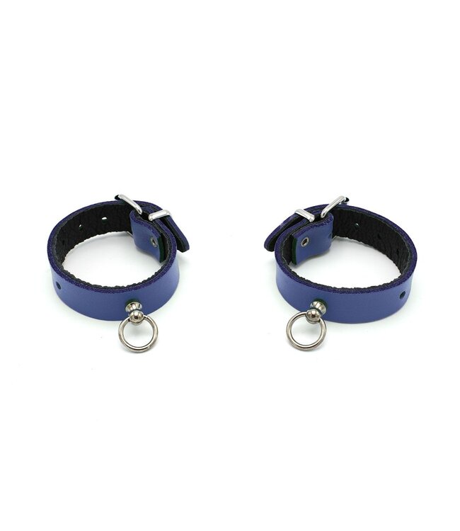 Lederen Mini Handboeien Met O-Ring Blauw Verstelbaar Voor BDSM