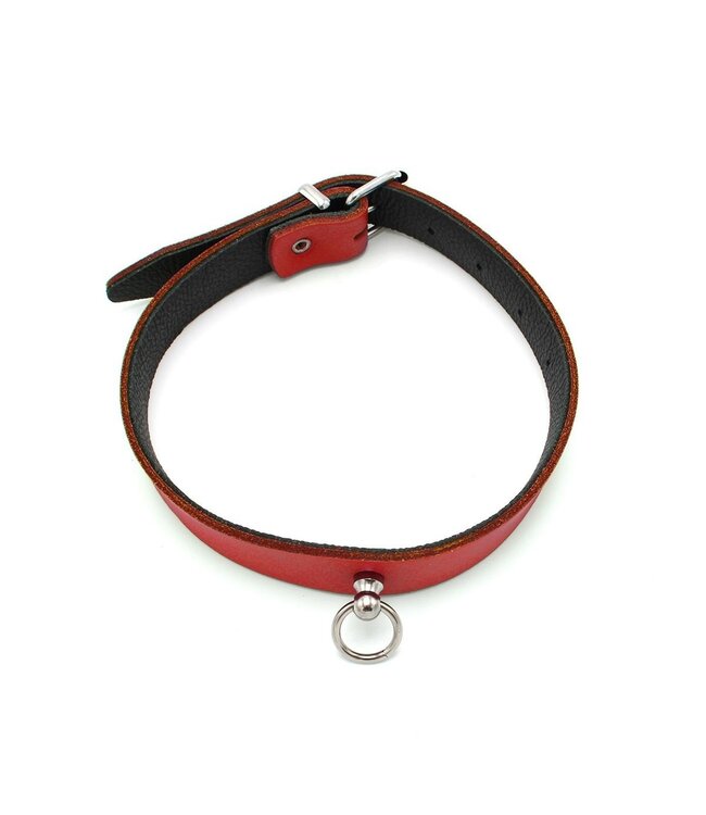 Echt Leren Mini O-Ring Halsband Rood | Verstelbare BDSM Collar 38-51 cm