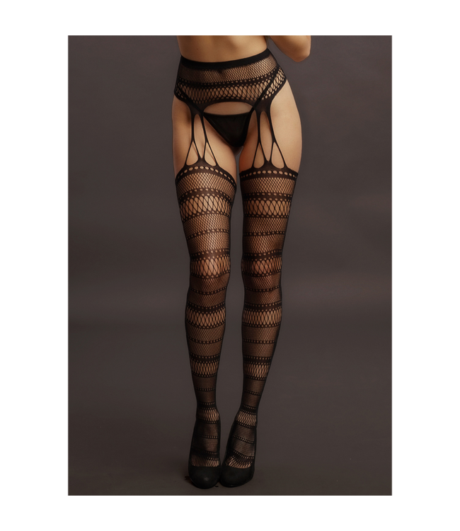Le Désir Striped Fishnet Garter Belt Tights - Large Size, Sexy & Comfortable
