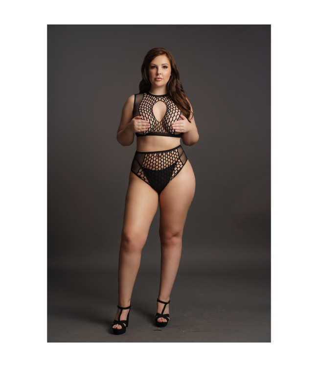 Le Désir Le Désir Visnet Crop Top En Hoge Taille Slip Set XL+ Zwart