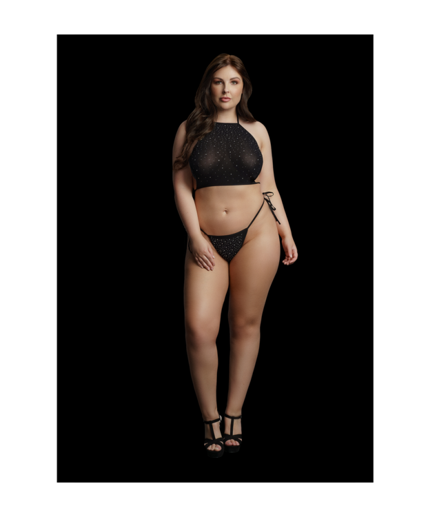 Le Désir Glamouröses Strass-Set für große Größen | Sexy Neckholder-Top & String