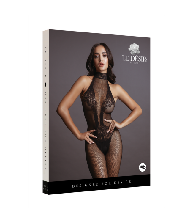 Le Désir Verführerischer Bodystocking aus Spitze und Fischnetz – Neckholder, offen