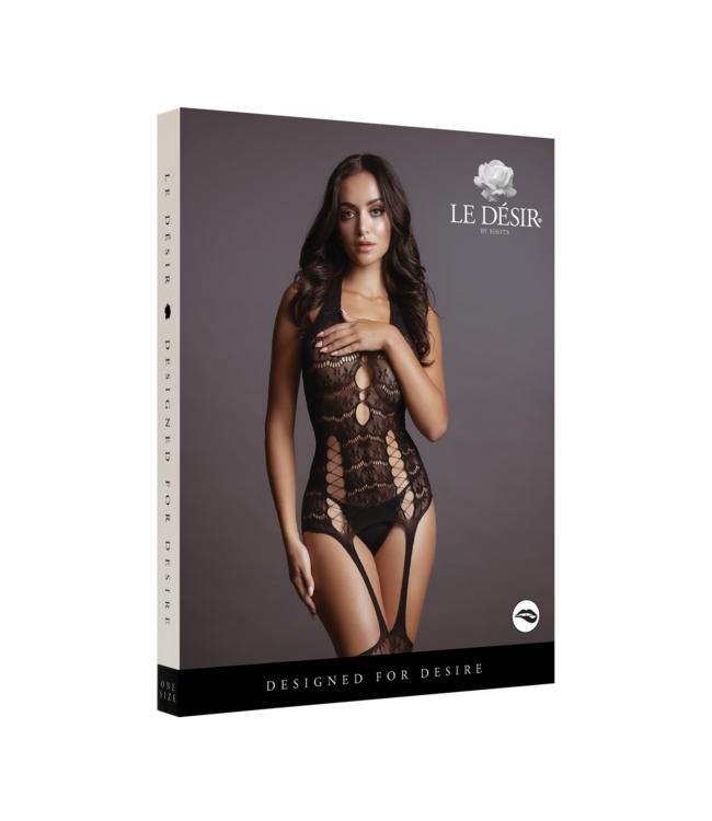 Le Désir Elegante Zwarte Kanten Bodystocking Met Jarretelles En Opaque Kousen