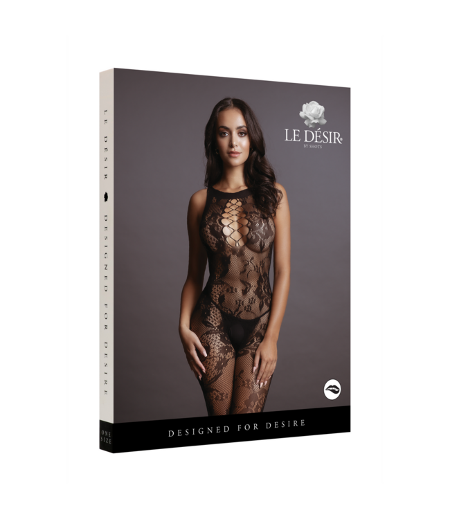 Le Désir Elegant Criss Cross Neck Black Bodystocking - Sexy Lace Design, One Size