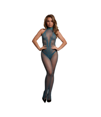Le Désir Verführerischer Bodystocking aus Spitze und Fischnetz – Neckholder Blau