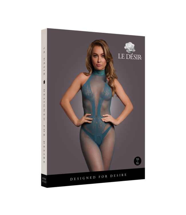 Le Désir Verführerischer Bodystocking aus Spitze und Fischnetz – Neckholder Blau