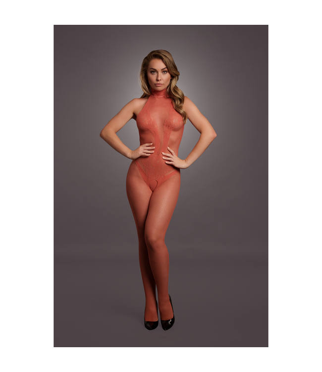 Le Désir Verführerischer Bodystocking aus Netz und Spitze in Rot – Größen XS bis XL