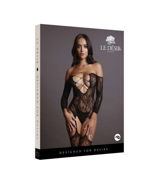 Le Désir Zwarte Kanten Bodystocking Met Jarretelles En Diepe V-Hals S-Xl