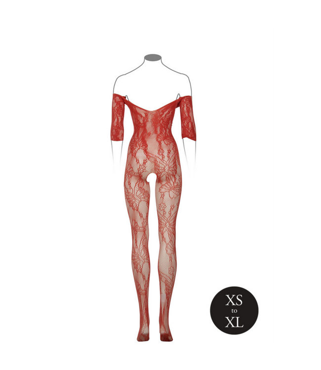 Le Désir Red Lace Bodystocking with Long Sleeves - One Size Fits All