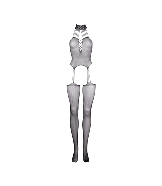Le Désir Verführerischer Fischnetz Bodystocking mit Choker und Strumpfhaltern Schwarz