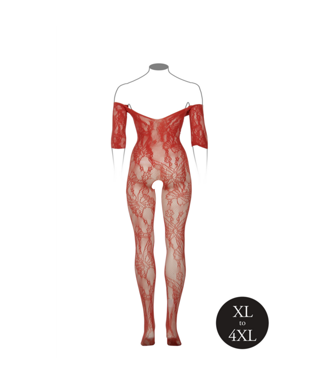Le Désir Eleganter Spitzen-Bodystocking mit langen Ärmeln XL-4XL | Verführerisches Rot