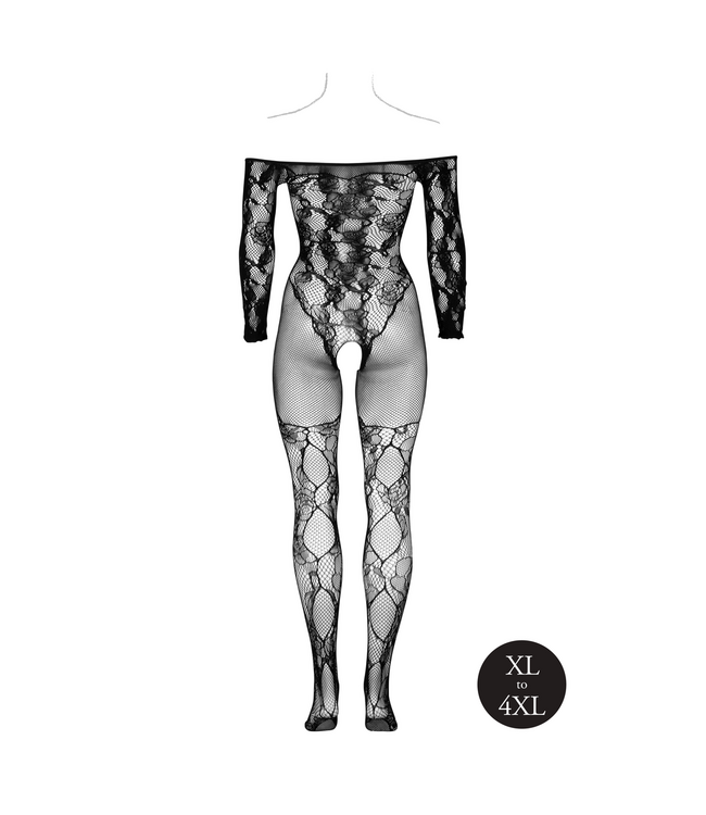 Le Désir Le Désir Off-Shoulder Bodystocking Zwart XL-4XL Open Kruis Met Visnet En Kant