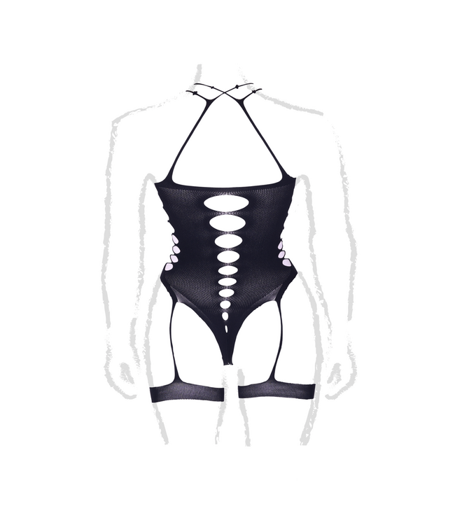 Le Désir Metis Xvi Seductive Plus Size Bodysuit with Garter & Fishnet Design