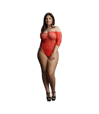 Le Désir Plus Size Rood Strass Kanten Bodysuit Met Open Kruis 1XL-3XL Le Désir