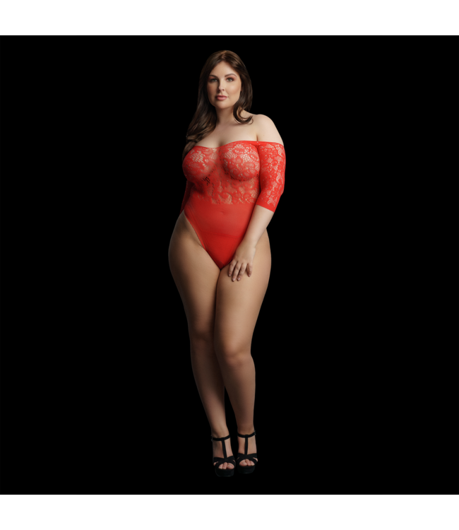 Le Désir Plus Size Rood Strass Kanten Bodysuit Met Open Kruis 1XL-3XL Le Désir