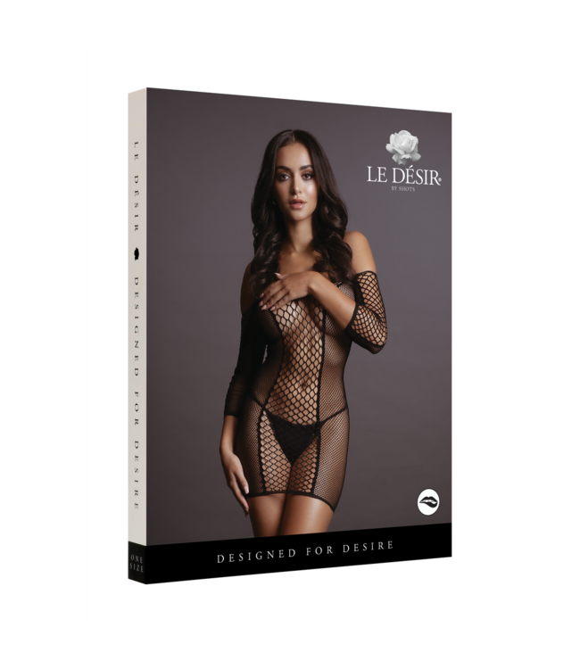 Le Désir Stretchy Zwart Mini Jurkje Met Visnet En Korte Mouwen – One Size