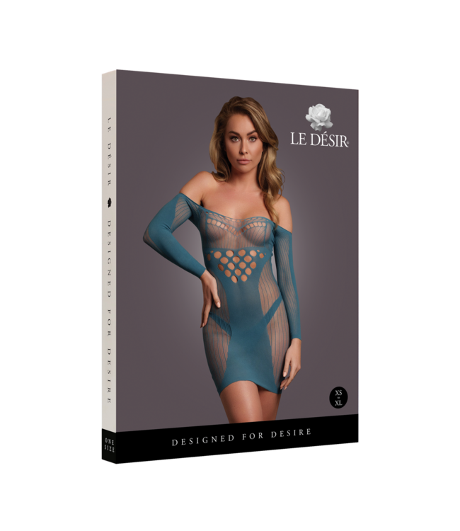 Le Désir Stylish Long-Sleeved Blue Mini Dress with Fishnet Cut-Outs XL-4XL