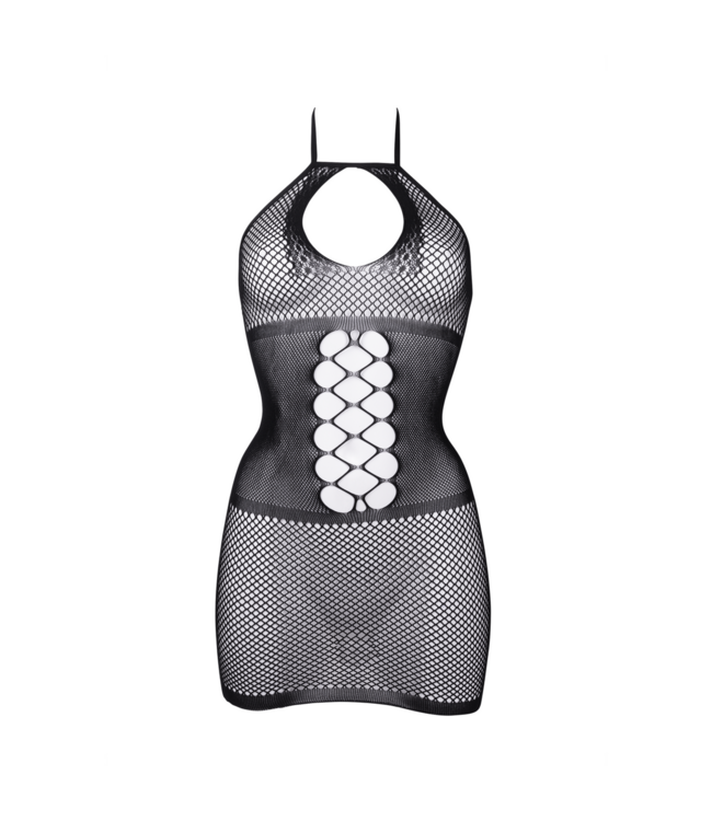 Le Désir Stylish Plus Size Peekaboo Fishnet Halter Dress in Black