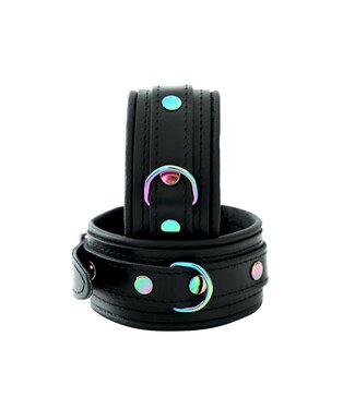 Kiotos Adjustable Black Leather Ankle Cuffs With Rainbow Detailing - Kiotos