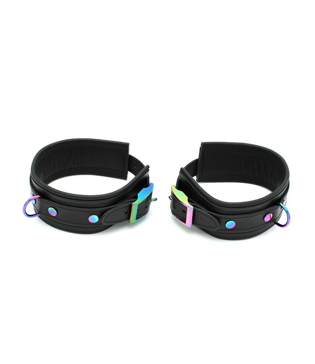 Kiotos Adjustable Black Leather Ankle Cuffs With Rainbow Detailing - Kiotos
