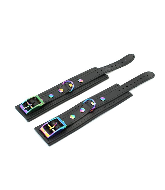 Kiotos Leder-Handschellen Schwarz Regenbogen | Komfortable & stylische Fesseln