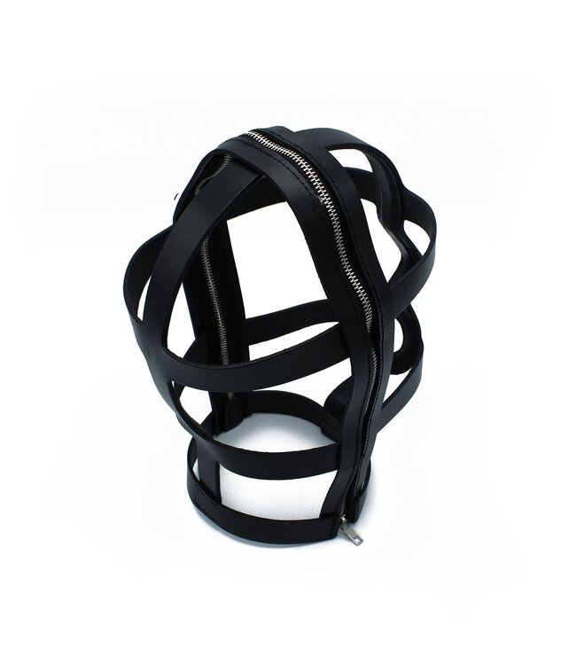 Kiotos Leather Adjustable Black Leather Head Cage with Zipper for Secure Roleplay